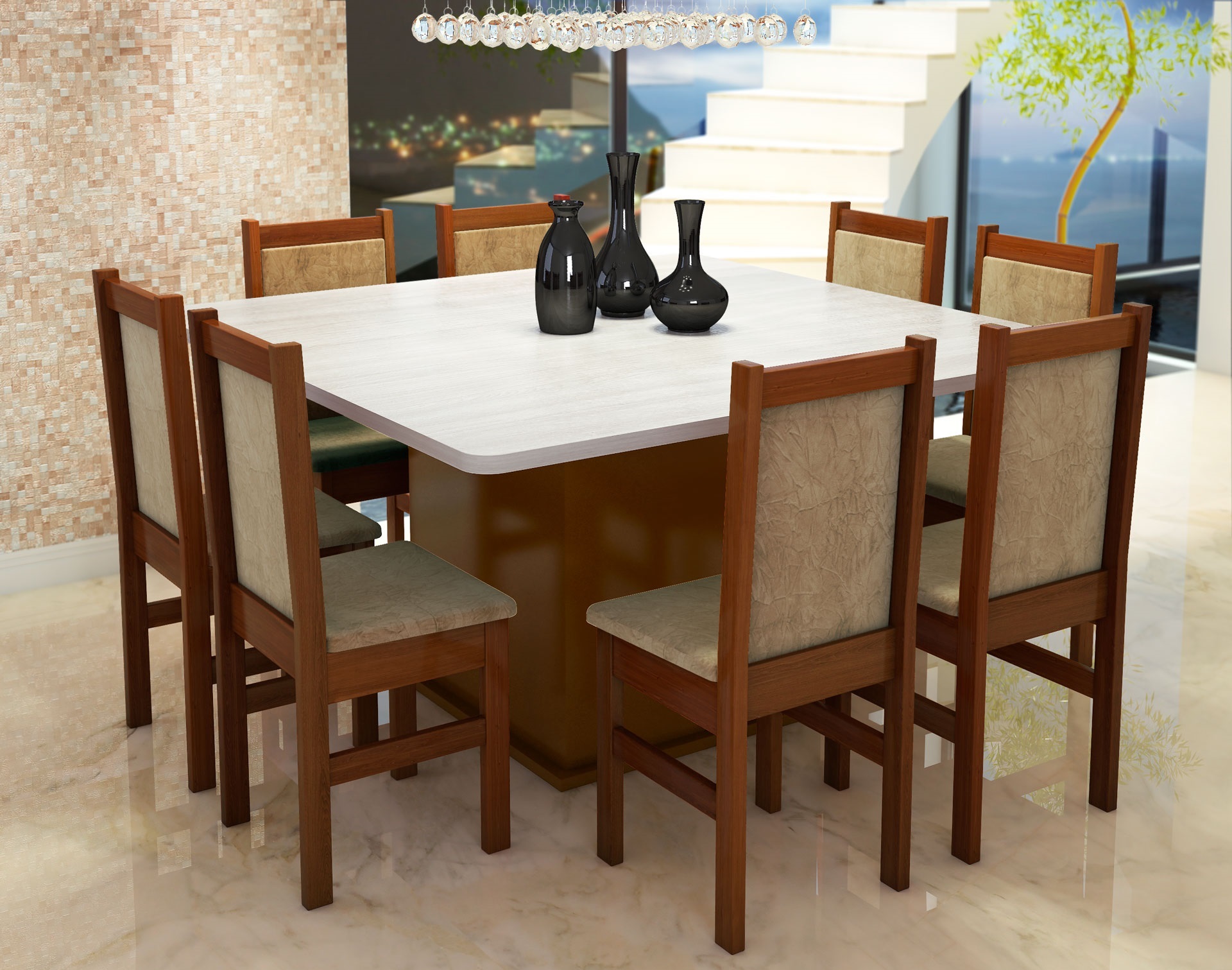 Mesa Quad. 136x136 c/Pé Central SLIM c/8 cad. Encosto